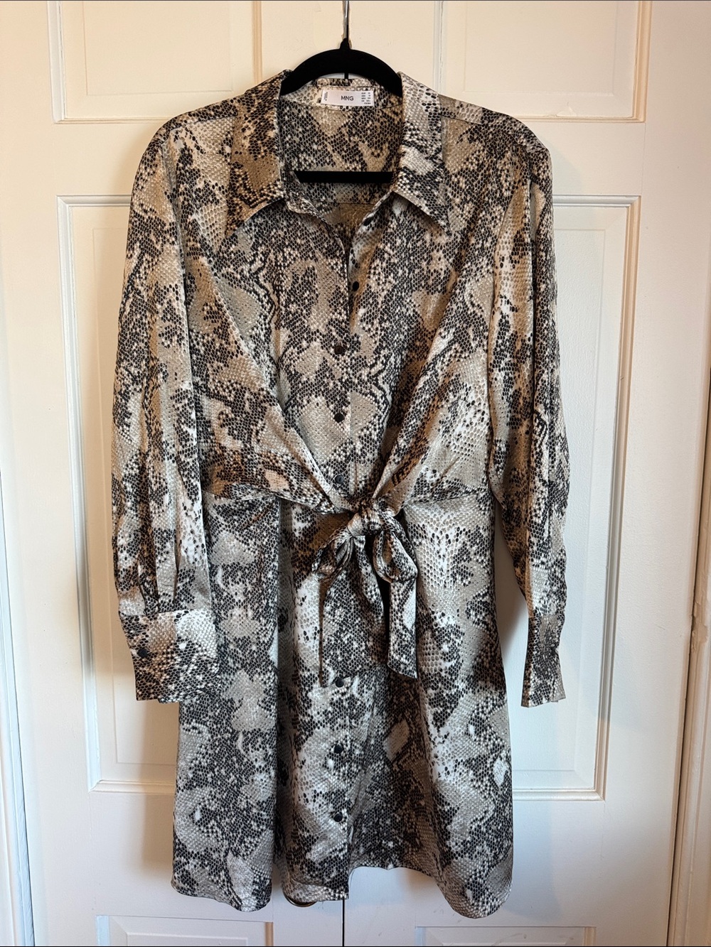 EUC MNG Neutral Snake-Print Button Down Tie-Waist Dress Elastic Back Waist - Picture 2 of 14